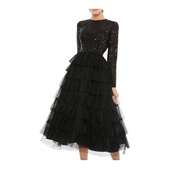 Mac Duggal long sleeve teired ruffle midi dress - Picture 1 of 15